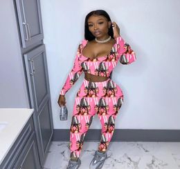 2020 Fall New Casual Two Pieces Set For Women Cardi B WAP Lip Print Sexy Crop Top And High Waist Jogger Pants Suits Set Clubwear Y2598400