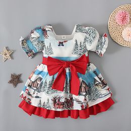 女の子の子供夏のクリスマスパフ袖の半袖プリントフリルドレスベビードレス子供用ドレス