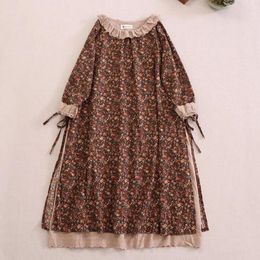 Casual Dresses Spring Autumn Vintage Japanese Style Mori Girl Floral Print Dress Women Ruffled Collar Cotton