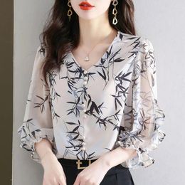 Women's Blouses Fashion Printing Office Casual Blouse Women Transparent 3/4 Sleeve Slim Temperament All-match Lady Pullover Chiffon Shirt