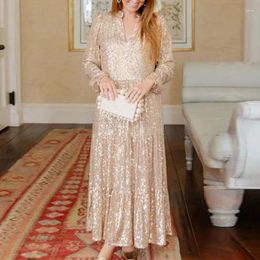 Casual Dresses Champagne Sequins Shiny Pleated Long Dress Women Spring V-neck Loose Boho Party Autumn Sleeve A-Line Maxi Mujer