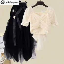 Work Dresses 2024 Korean Style Bow Cross Chiffon T-shirt Tops Black Tulle Pleated Skirt Two-piece Elegant Women's Pants Set Outfits Clothing