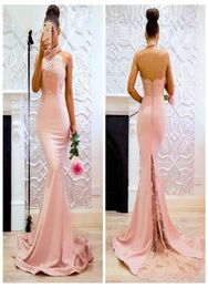 Elegant Mermaid Pink Halter Prom Dresses 2018 Backless Lace Evening Gowns Sweep Train Cheap Bridesmaid Dress1090759