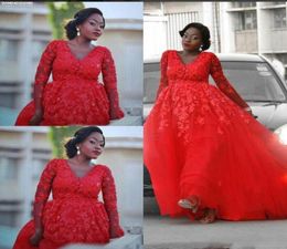 2018 New Trendy Red Wedding Dresses With Long sleeves Sexy V Neck Lace Appliques Plus size Dresses Tulle Floor Length Formal Party4571814