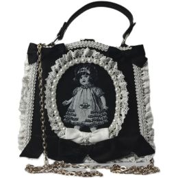 Buckets Women Girl Vintage Punk Handbags Black White Doll Satchels Bowtie Imitation Pearl Shoulder Bag Crossbody Bags Lace Ribbon Gothic