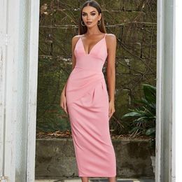 Casual Dresses Summer Women's Pink Bodycon Bandage Dress Sexy V Neck Spaghetti Strap Slit Club Celebrity Cocktail Party