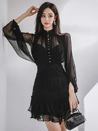 Casual Dresses Spring Fashion Ladies Elegant Sweet Short Dress Women Clothing Vintage Sheer Sexy Lantern Sleeve Slim Ruffle Mini Party