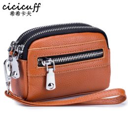 Purses New Genuine Leather Coin Purse Large Capacity Double Zipper Clutch Coin Bag Women Wallets Small Card Holder Wallet Change Purses