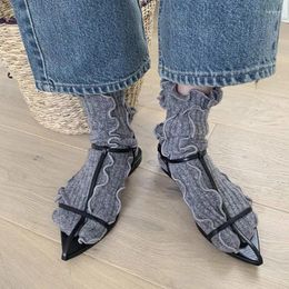 Women Socks Wood Ear Edge Fluffy Gauze Thin Spring And Summer Cute Split Toe Two Short Mid Tube Lace Trendy Lolita Solid