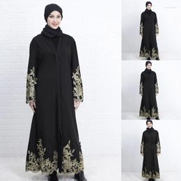 Ethnic Clothing Women Muslim Long Sleeve Maxi Dress Middle East Abaya Robe Embroidery Floral Applique Islamic Dubai Turkish Belted Cardigan