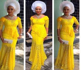 Nigerian Yellow Full Lace Scoop Mermaid Prom Dresses Sexy Half Sleeve With Peplum Floor Length Long Formal Party Evening Gowns Cus5947103