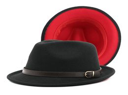 2022 New Short Brim Black Red Patchwork Jazz Fedora Hat with Belt Buckle Women Men Wool Felt Panama Homburg Hat for Party Wedding9051864
