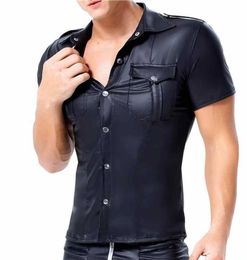 Mens Tshirts PU Leather Button Turndown Collar Short Sleeve Shirts Party Clubwear Streetwear Male Black Tops Tee Plus Size 3XL X9735730