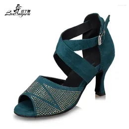 Dance Shoes Rhinestone Dark Green Black Flannel High Heels 10cm Latin Women's Salsa Ballroom Dancing Performance
