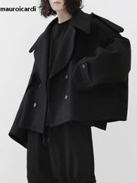 Mauroicardi Autumn Winter Warm Oversized Black Woollen Coat Men Cool Loose Luxury Dark Academia Aesthetic Vintage Clothes 240407
