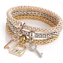 Charm Bracelets 3 Pcs/set Crystal Key Lock Pendant Set For Women Girls Friend Gifts Elastic Rope Chain & Bangles