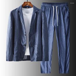 Men's Suits Spring Summer Thin Linen Blazer For Men 2 Piece Casual S Suit Jacket Blazers Trousers Pants High Quality