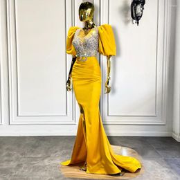 Party Dresses Long Yellow Evening 2024 Sexy Mermaid Puffy Short Sleeves Crystals African Women Luxury Formal Gowns