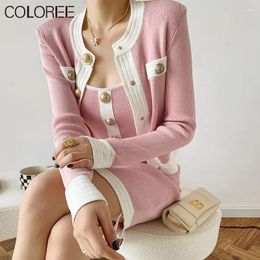 Work Dresses Pink Knitted Two Piece Women Sets 2024 Luxury Designer Autumn Winter Clothes Lady Elegant Sweater And Skirt Set Outfits