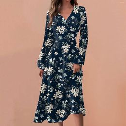 Casual Dresses Women Floral Printed Boho Dress 2024 Summer Sexy Long Sleeve Female V Neck Loose Dresse