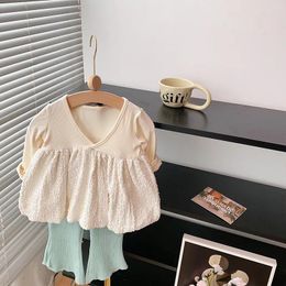 Clothing Sets 2024 Spring Autumn Kid Girl 2PCS Clothes Set Fluffy V Neck Long Sleeve Undershirt Solid Color Pants Suit Children Outfits