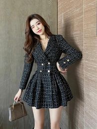 Casual Dresses OCEANLOVE Vestidos Plaid Autumn Winter Tweed Vintage A-line Women Double Breasted High Waist Elegant Robe Femme