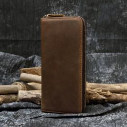 Wallets Men's Crazy Horse Leather Long Wallet Zip Around Genuine Leather Wallet Phone Case Purse with Coin Pocket 4 Interlayer Pocket