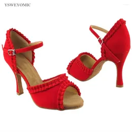 Dance Shoes Salsa Women 2024 Summer Style Red Flock Suede Sole Ballroom Latin Heels Customized