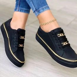 Casual Shoes Women's Sports Fashion Chain Leather Comfortable Round Toe Platform Lace Up Walking Vulcanised