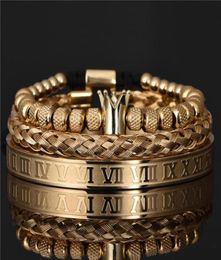 3pcs set Luxury Roman Royal Crown Charm Bracelet Men Stainless Steel Geometry Pulseiras Open Adjustable Bracelets Couple Jewelry G4120598