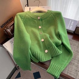 Women's Knits Green Retro Knitted Cardigan For 2024 Spring Autumn Versatile Slim Sweater Jacket Korean Casual Loose Short Top