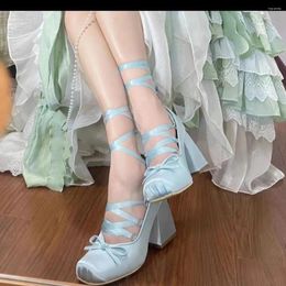 Dress Shoes Pink Cross-lace-up Heels And Block With Girly Ballet Over Elegant Satin Single