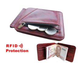Wallets New Leather Money Clip With RFID Blocking Metal Wallet Men Thin Billfold Folded Clamp for Money Credit Card Case Cash Clips R24