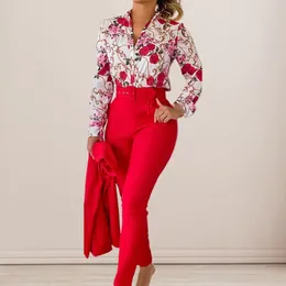 Women's Two Piece Pants 2024 Women Spring Set With Belt Floral Print Long Sleeve Shirt Trousers Work Office Lady Casual Outfit