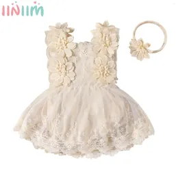 Girl Dresses Baby Girls Elegant Party Dress Sleeveless Flower Lace Tulle Romper Princess Tutu With Headband Birthday Wedding Clothes