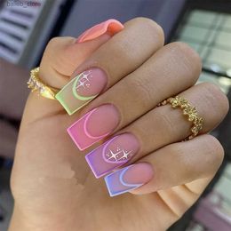 False Nails 24Pcs False Nails with Colorful French Lines Designs Mid-length Square Fake Nails Detachable Finished Fingernails Press on Nail Y240419