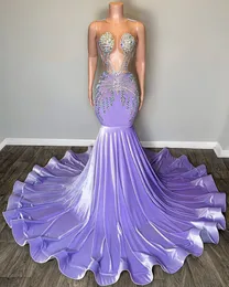 Gorgeous Lavender Prom Dresses For Black Girls Crystal Velvet Rhinestones Long Birthday Outfits Mermaid Party Gowns