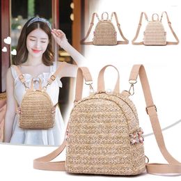 School Bags Straw Computer Bag Large Capacity Fashion Women Back Pack Solid Colour Bookbag Adjustable Strap For Casual Shopping Travel