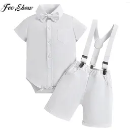 Clothing Sets 3-18M Baby Boys Baptism Gentleman Suit Short Sleeve Shirt Romper With Suspenders Pants Bow Tie For Birthday Wedding Party Prom