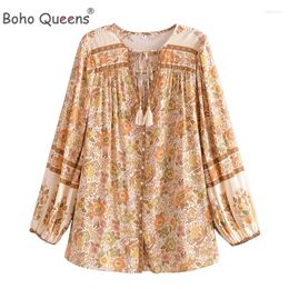 Women's Blouses Boho Queens Women Floral Printed V-neck Long Sleeve Tassel Blouse Shirts Ladies Button Rayon Shirt Bohemian Blusas