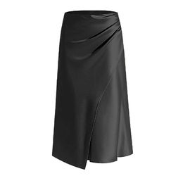 High 2024 Women's Waist Satin Pleated Split Long Solid Colour Half Zipper Fish Tail Wrap Hip Skirt