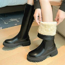 Boots 2024 Winter Warm Faux Fur Plush Inside Round Toe Thick Sole Platform Flats Woman Shoes Knee High Riding Motorcycle Snow