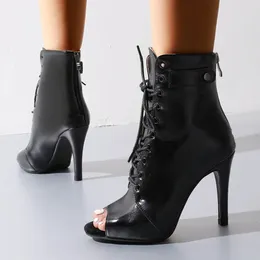 Dance Shoes Sexy Women Black High Heels Soft Lace-up Boot Stilettos Jazz Female Slipery Sole For Latin Dancing Big Size