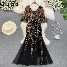 Party Dresses Ofallsis V Neck Sequins Flare Sleeve Evening Dress 2024 Summer Elegant Long Toast Dinner Host Waistband Mesh Fishtail