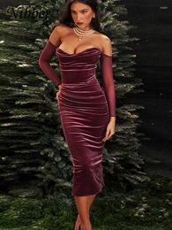 Casual Dresses Nibber Velvet Pleated Strapless Dress Women Mesh Long Sleeve Off Shoulder Slim Fit Sexy Christmas Streetwear Frock Clothing