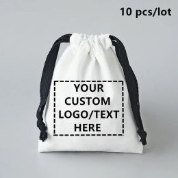 Bags 2023 New White Canvas Bags with Black Drawstring High Quality Custom LOGO Printing Gift Cotton Pouches 10x15/18x23/29x39cm