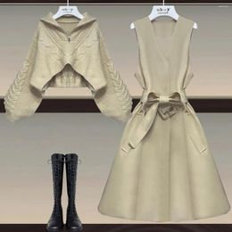 Work Dresses Plus-size Women's Spring Suit 2024 Slimming Fashion Western Zipper Sweater Dress Two-piece Set Conjuntos Feminino Elegante