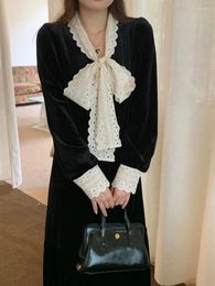 Casual Dresses French Retro Hepburn Style Crochet Bow Tie Black Velvet Slim Dress Elegant Lady Birthday Party Princess Midi Vestido Festa