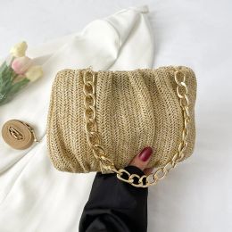 Bags 2022 Summer Shopper Bag Fashion Straw Bag Pleated Handbag Women Woven Shoulder Bag Purse Ladies Satchel Metal Chain Clutch Bag