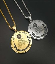 Masonic All Seeing Eye of Providence Pendants Necklaces For WomenMen Gold Color Stainless Steel Round Coin Hip Hop Jewelry9188380